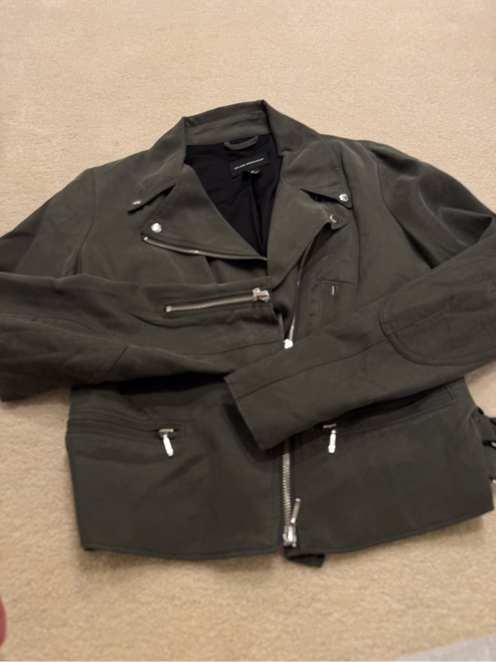 Club Monaco Olive Green Moto Jacket with Silver Hardware